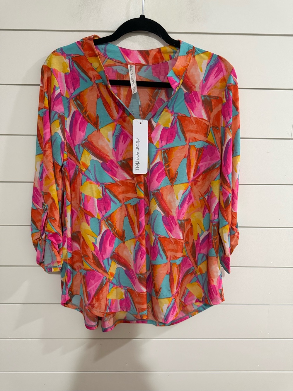 Dear Scarlett Pink Orange Teal Yellow Abstract V-Neck Blouse
